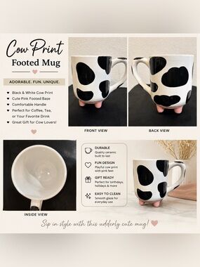 Cow Print Ceramic Mug with Pink Feet - Cute Farmhouse Style